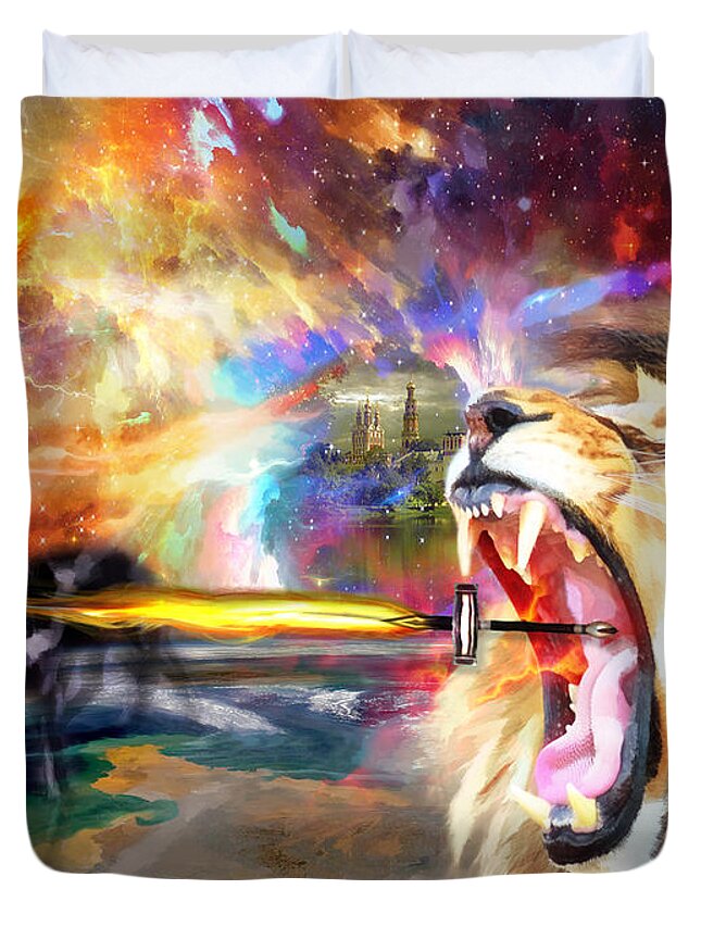 Two Edged Sword Duvet Cover featuring the digital art God Fights for you by Dolores Develde