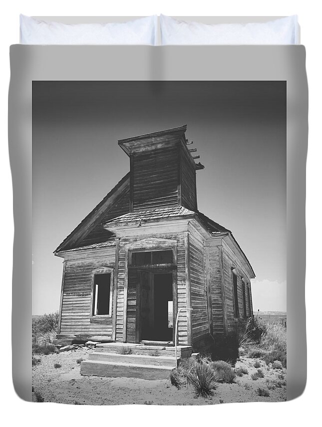 Black And White Duvet Cover featuring the photograph God Has Left The Building by Brad Hodges