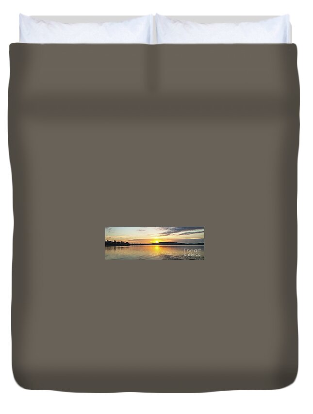 Sunrise Duvet Cover featuring the photograph Gold and Grey Sunrise Seascape. by Geoff Childs