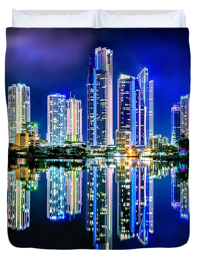 Gold Coast Skyline Reflections Duvet Cover featuring the photograph Gold Coast Reflections by Az Jackson