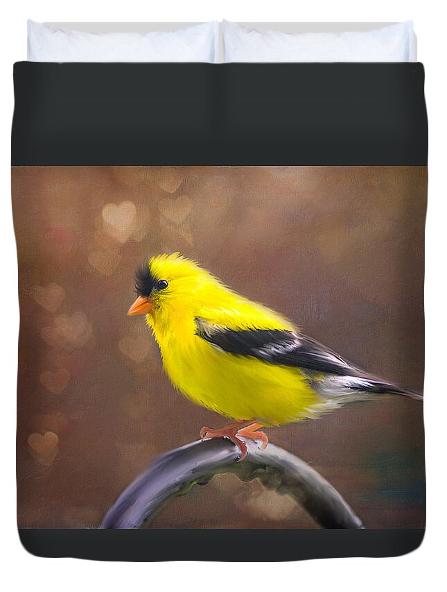 Gold Finch Bird Duvet Cover featuring the photograph Gold Finch Love by Mary Timman