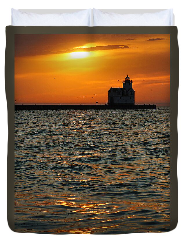 Lighthouse Duvet Cover featuring the photograph Gold on the Water by Bill Pevlor