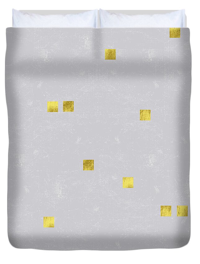 Grey Linen Duvet Cover featuring the digital art Gold Scattered square confetti pattern on grey linen texture by Tina Lavoie