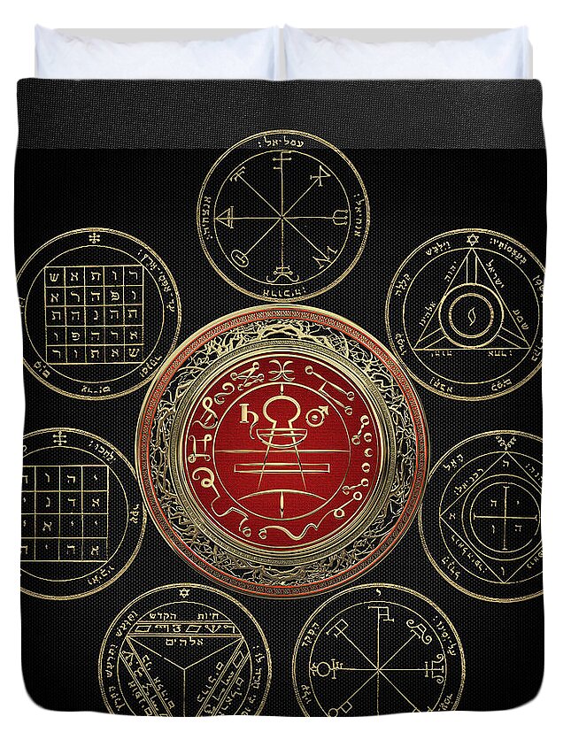 'sacred Symbols' Collection By Serge Averbukh Duvet Cover featuring the digital art Gold Seal of Solomon over Seven Pentacles of Saturn on Black Canvas by Serge Averbukh