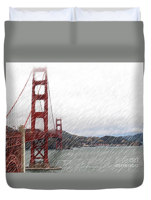 Golden Gate Bridge Duvet Cover featuring the photograph Golde Gate Rain by Cheryl Del Toro
