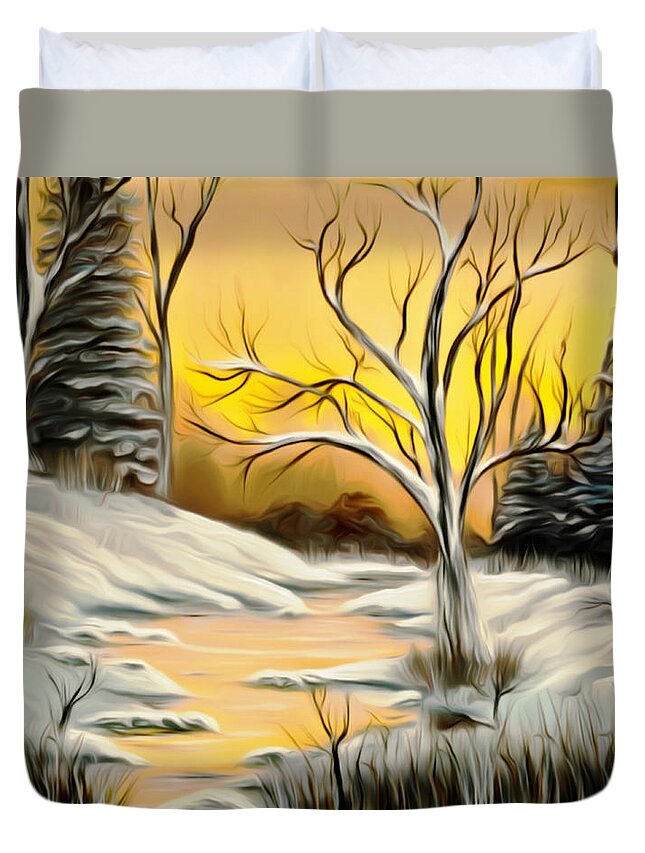 Winter Duvet Cover featuring the painting Golden Birch By Crystal Creek Winter Mirage by Claude Beaulac
