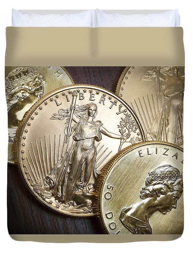 Bank Duvet Cover featuring the photograph Golden Coins by Joe Carini - Printscapes