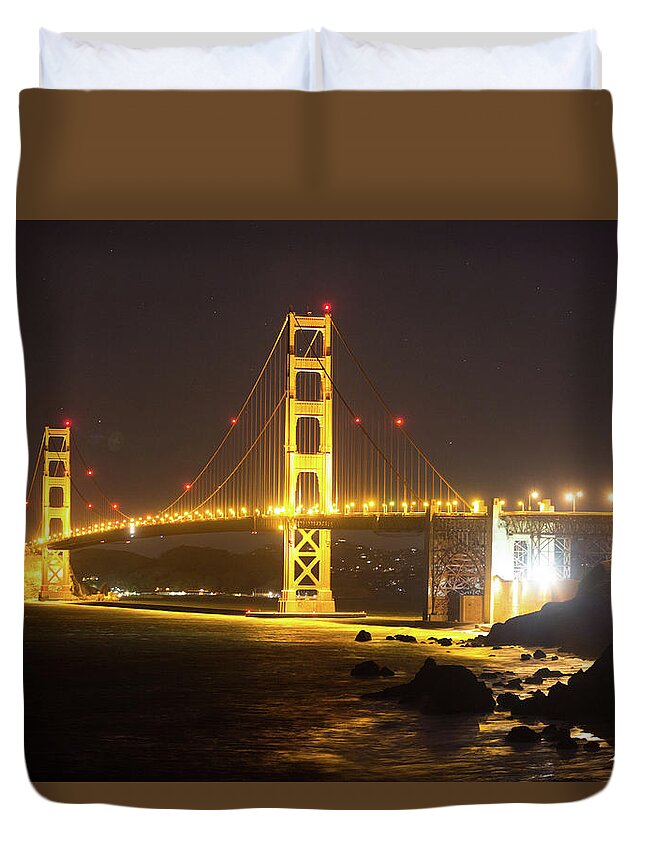 Architecture Duvet Cover featuring the photograph Golden Gate Bridge at Night by Digiblocks Photography