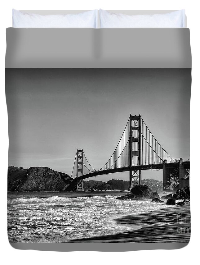￿ Black And White Duvet Cover featuring the photograph Golden Gate Bridge Black and White by Peter Dang