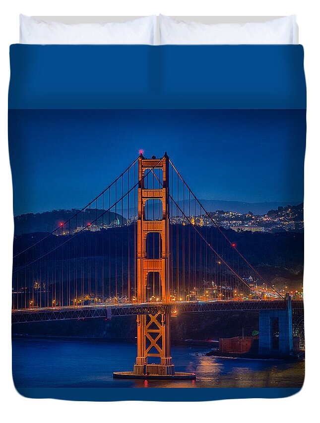 Golden Gate Bridge Duvet Cover featuring the photograph Golden Gate Bridge Blue Hour by Paul Freidlund