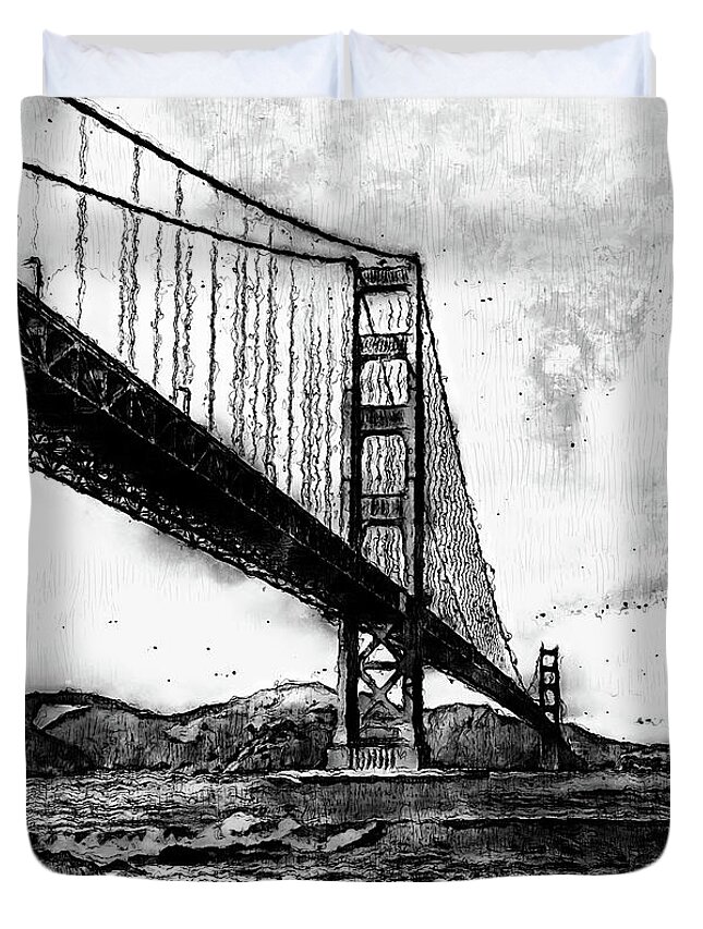 Golden Gate Bridge Duvet Cover featuring the digital art Golden Gate Bridge - Minimal 06 by AM FineArtPrints