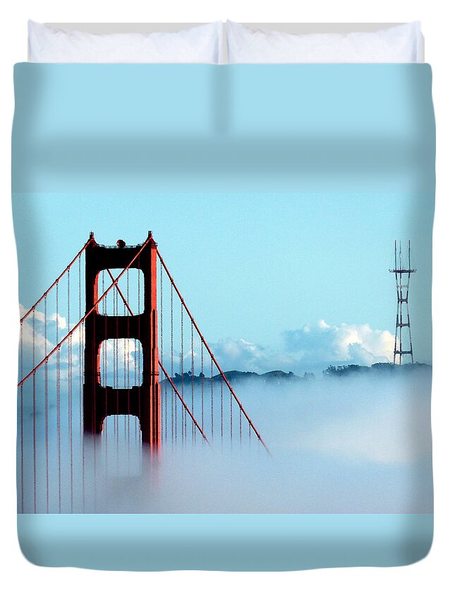 San Francisco Duvet Cover featuring the photograph Golden Gate Bridge Tower Fog Antenna by Jeff Lowe