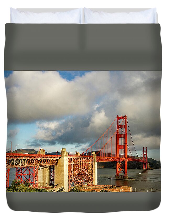 Golden Gate Bridge Duvet Cover featuring the photograph Golden Gate From Above Ft. Point by Bill Gallagher