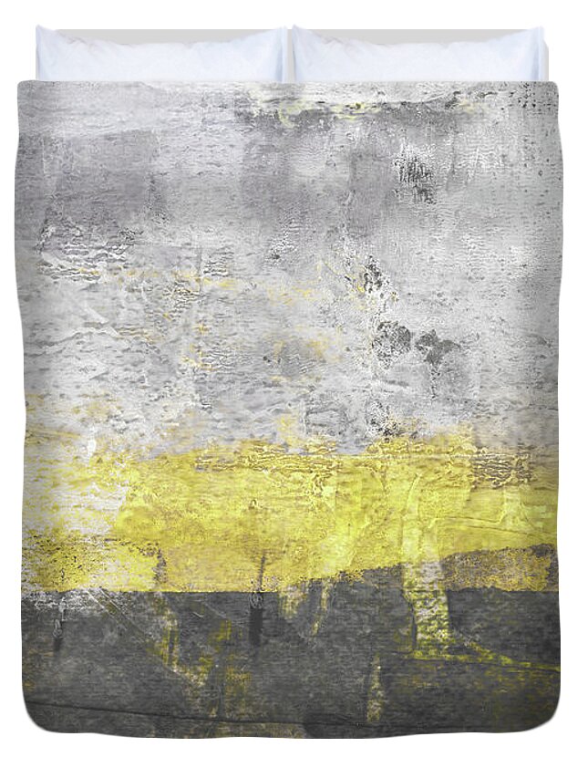 Abstract Duvet Cover featuring the painting Golden Horizon Minimalist Landscape by Janine Aykens