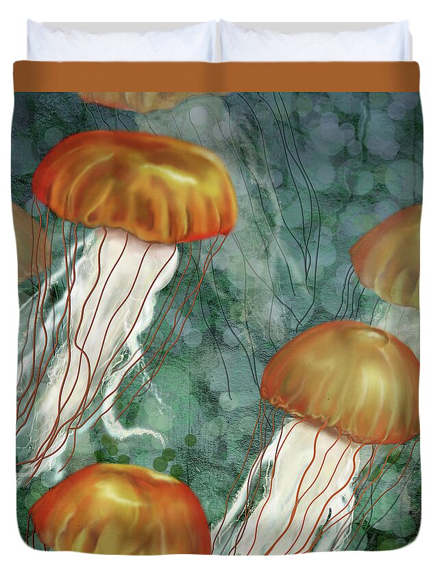 Jellyfish Duvet Cover featuring the digital art Golden Jellyfish in Green Sea by Sand And Chi