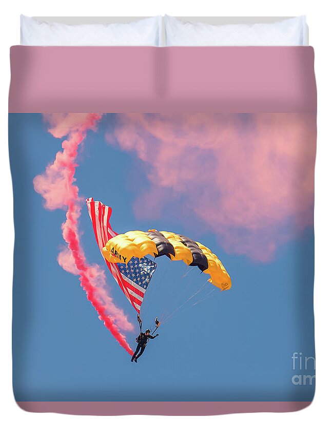 Golden Knights Parachute Team Duvet Cover featuring the photograph US Army Golden Knights by Rene Triay FineArt Photos