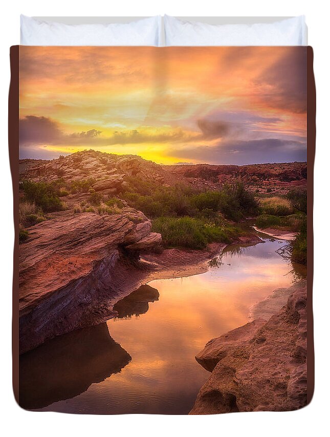 Sunset Duvet Cover featuring the photograph Golden Light in Moab by Darren White
