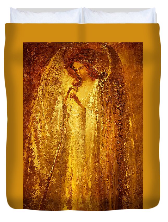 Angel Duvet Cover featuring the painting Golden Light of Angel by Valentina Kondrashova