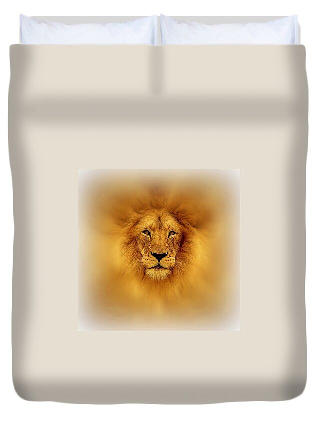 Lion Head Duvet Cover featuring the digital art Golden Lion by Lilia D