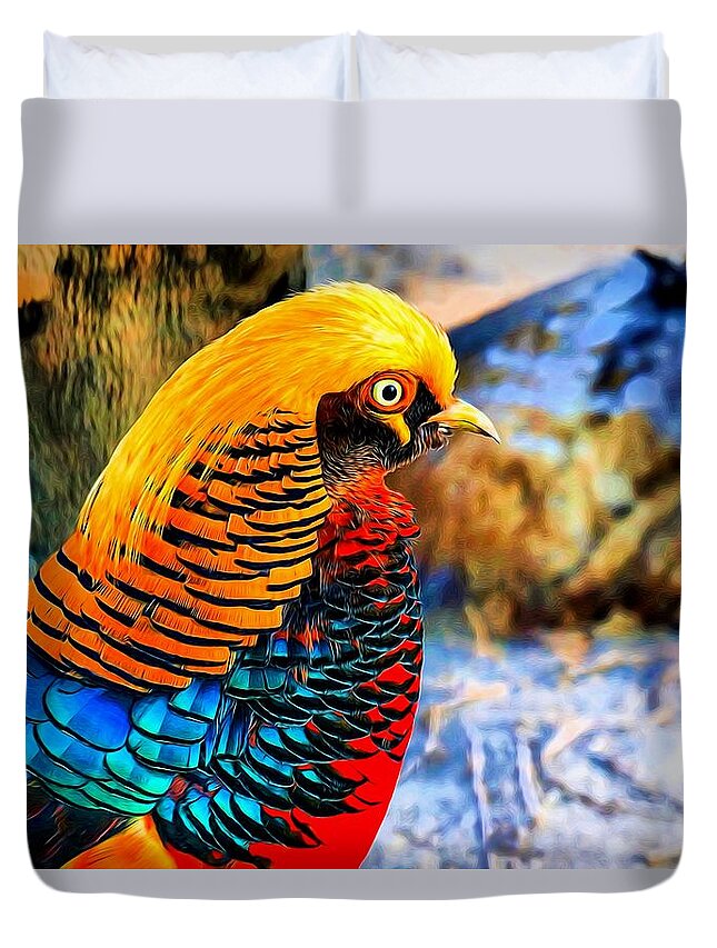 Golden Pheasant Duvet Cover featuring the digital art Golden Pheasant Painterly by Lilia D
