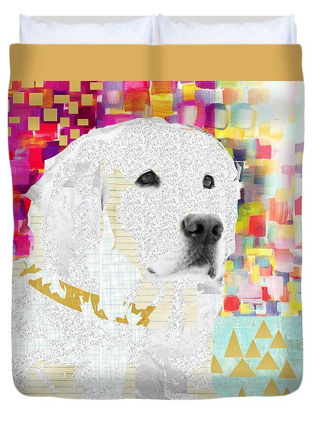 Golden Duvet Cover featuring the mixed media Golden Retriever Collage by Claudia Schoen