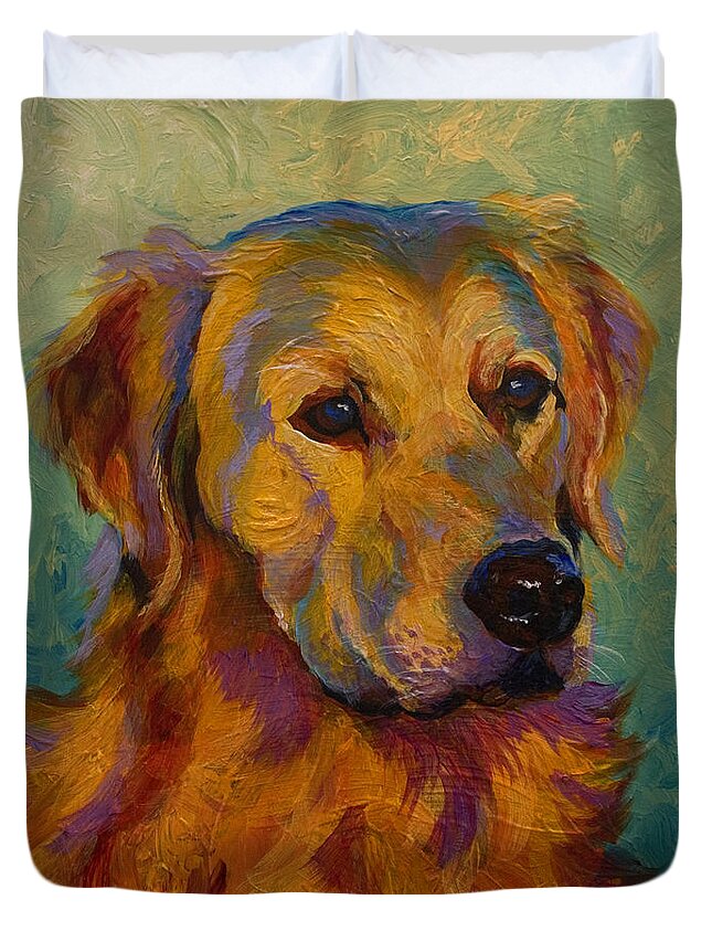 Golden Duvet Cover featuring the painting Golden Retriever by Marion Rose