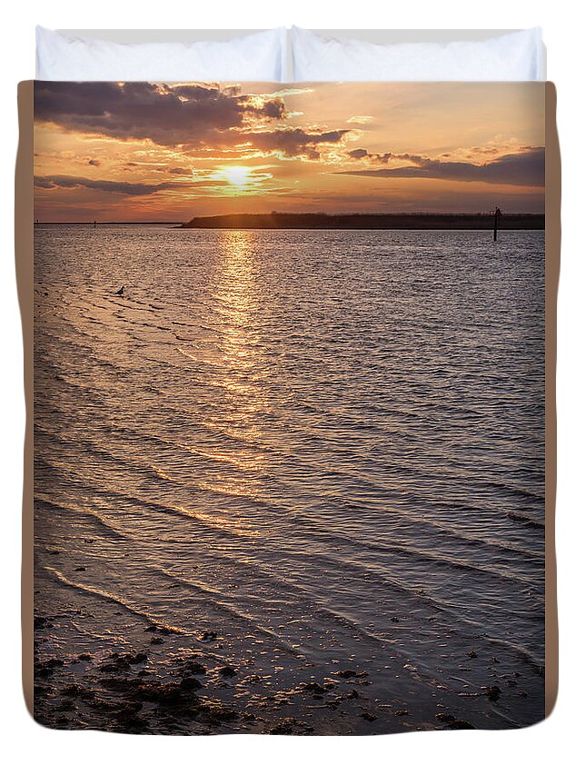 Golden Ripples Lbi New Jersey Sunset Duvet Cover featuring the photograph Golden Ripples LBI New Jersey Sunset by Terry DeLuco