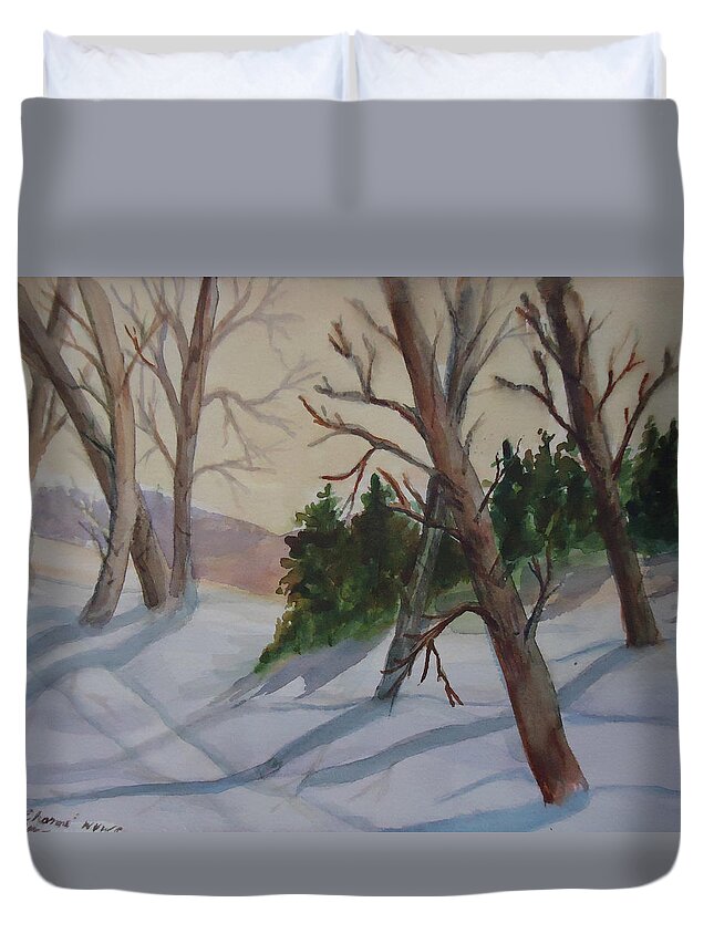 A Golden Skyin Winter Makes The Cold Seem More Inviting. Landscapes Are So Rewarding To Paint. Duvet Cover featuring the painting Golden sky in the Snow by Charme Curtin