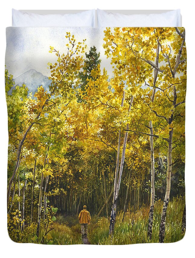Golden Leaves Painting Duvet Cover featuring the painting Golden Solitude by Anne Gifford