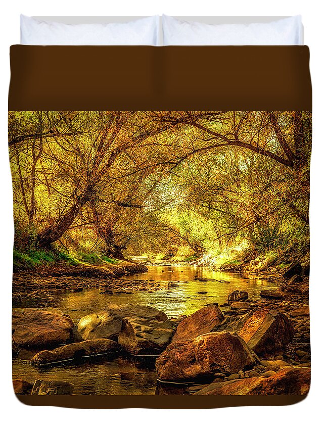 Fall Color Duvet Cover featuring the photograph Golden Stream by Kristal Kraft