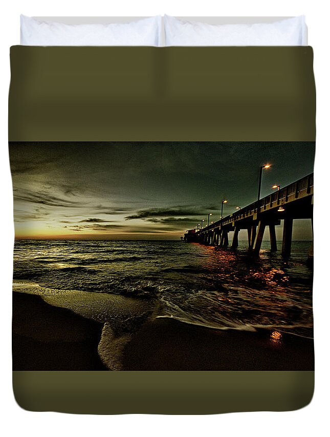 Alabama Duvet Cover featuring the photograph Golden Sunrise at the Pier by Michael Thomas