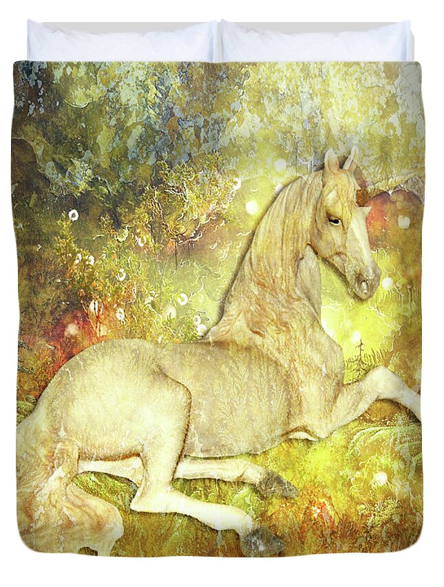 Unicorn Duvet Cover featuring the digital art Golden Unicorn Dreams by Digital Art Cafe