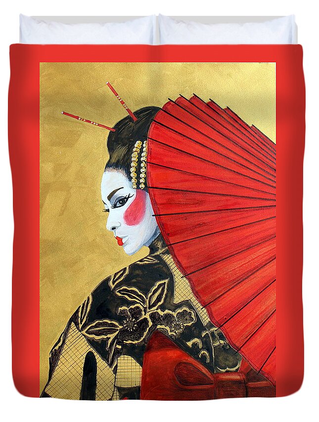 Geisha Duvet Cover featuring the painting Golden World Watercolor by Kimberly Walker