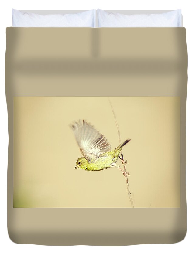 Bird Duvet Cover featuring the photograph Goldfinch Flying Off by Susan Gary