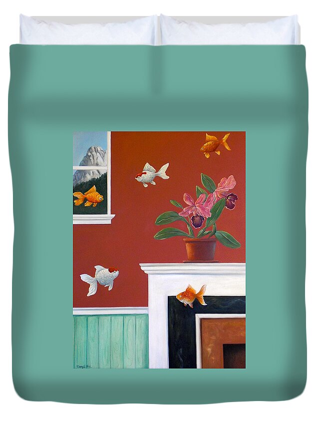 Flying Fish Duvet Cover featuring the painting Goldfish in the House by Gerry High