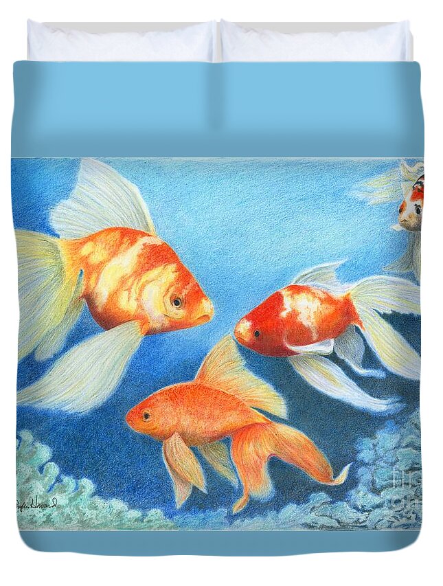 Fish Duvet Cover featuring the drawing Goldfish Tank by Phyllis Howard