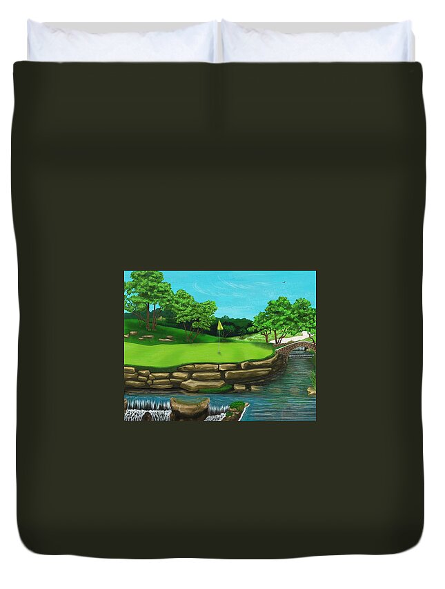 Golf Duvet Cover featuring the digital art Golf Green Hole 16 by Troy Stapek
