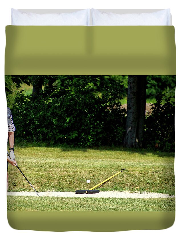 New York Duvet Cover featuring the photograph Golfing Sand Trap The Ball In Flight 02 by Thomas Woolworth