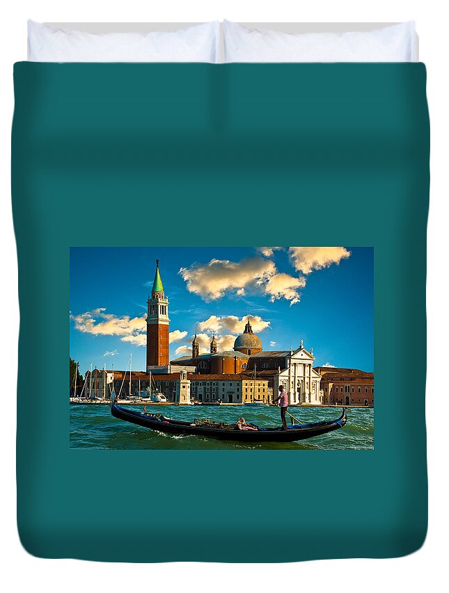 Gondola Duvet Cover featuring the photograph Gondola and San Giorgio Maggiore by Harry Spitz