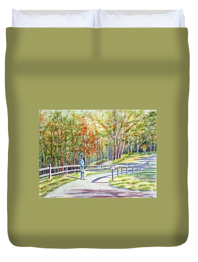 Landscape Duvet Cover featuring the painting Gone Fishin' by Kathryn Duncan