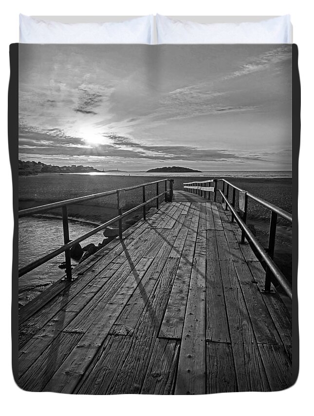 Gloucester Duvet Cover featuring the photograph Good Harbor Beach Footbridge Shadows Black and White by Toby McGuire