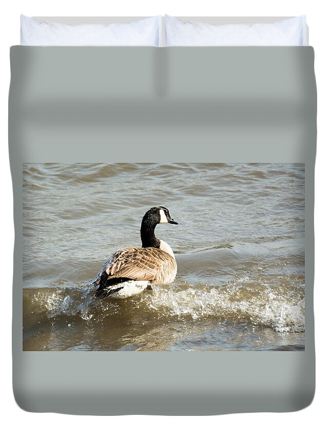 Goose Duvet Cover featuring the photograph Goose Rides A Wave by Holden The Moment