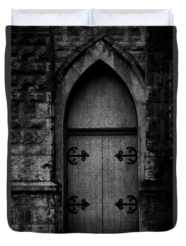 Door Duvet Cover featuring the photograph Gothic Door Memphis Church BW by Lesa Fine