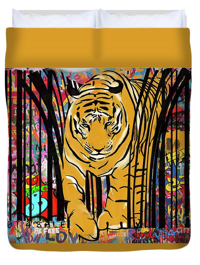 Tiger Art Duvet Cover featuring the mixed media Graffiti tiger by Sassan Filsoof