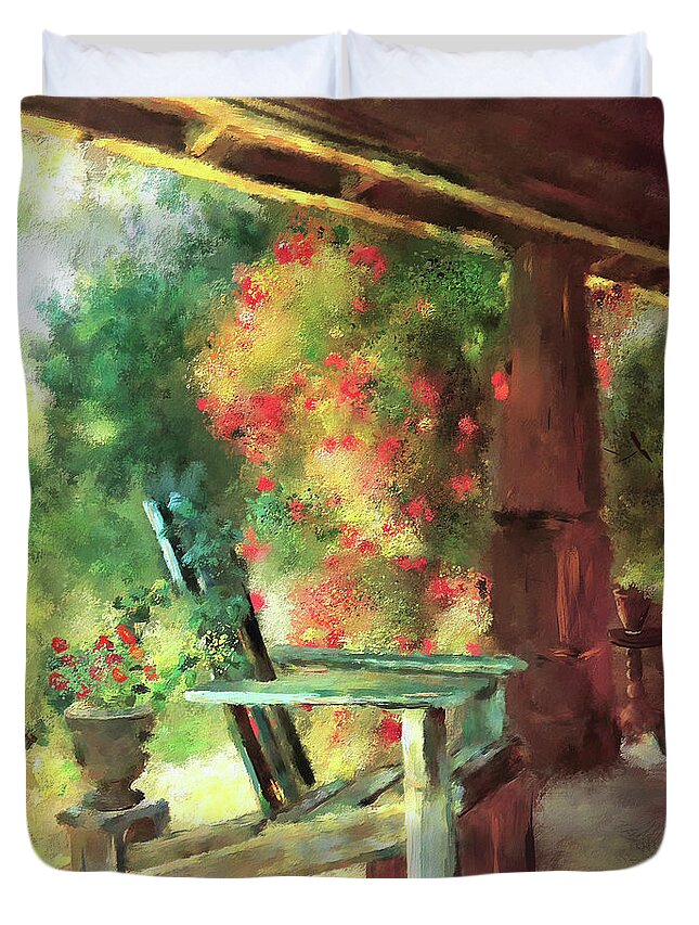 Porch Duvet Cover featuring the digital art Gramma's Front Porch by Lois Bryan