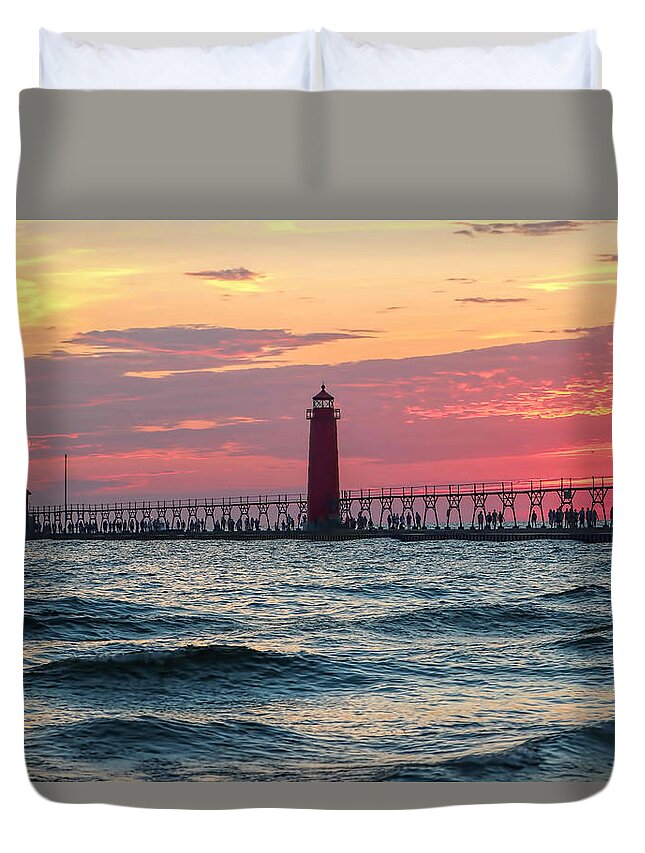 Silhouette Portrait Duvet Cover featuring the photograph Grand Haven Pier by Pat Cook