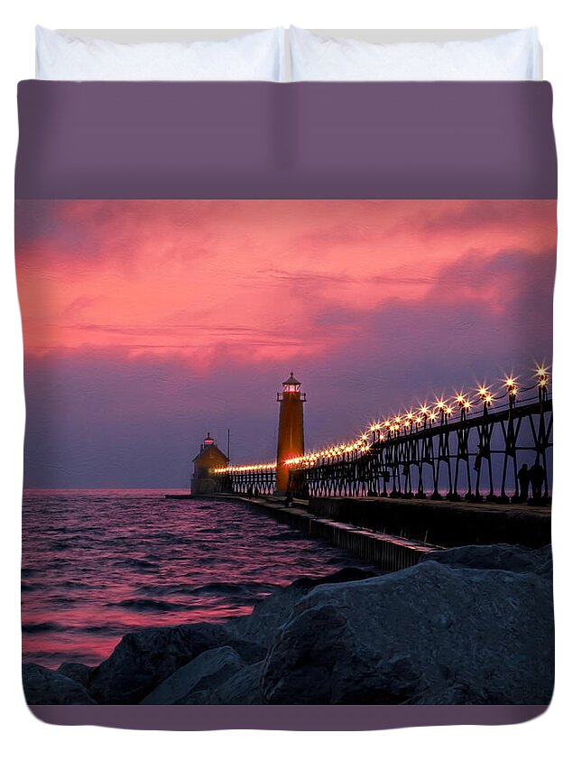 Grand Haven Duvet Cover featuring the photograph Grand Haven Sunset by Susan Rissi Tregoning