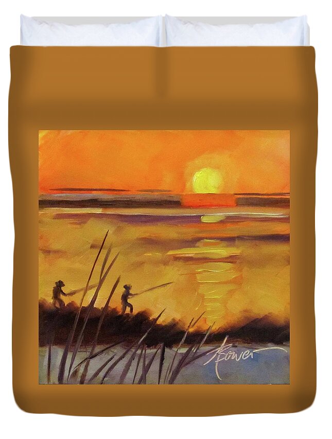 Gulf Coast Duvet Cover featuring the painting Grand Isle Fishermen by Adele Bower
