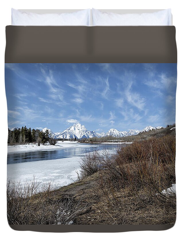 Grand Tetons Duvet Cover featuring the photograph Grand Tetons from Oxbow Bend at a Distance by Belinda Greb