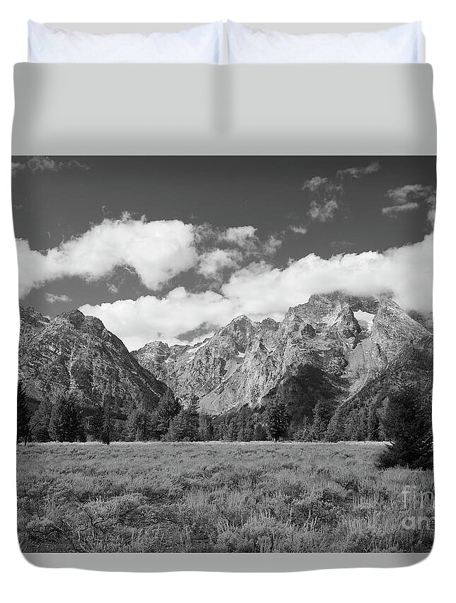 Grand Tetons Duvet Cover featuring the photograph Grand Tetons in Black and White by Bruce Block